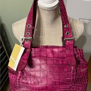 NWT Francesco Biasia Fuchsia Croco Embossed Satchel